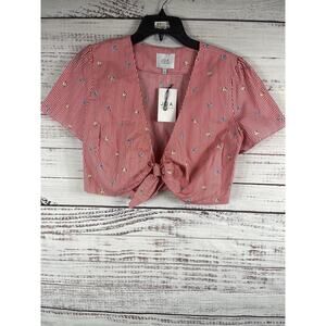 JOA Shirt Women's SZ L Red White Striped Floral Tie Front Crop Short Sleeve Top